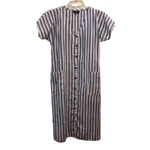 Shein Womens Large Blue White Striped Short Sleeve Button Front Shirt Dress L